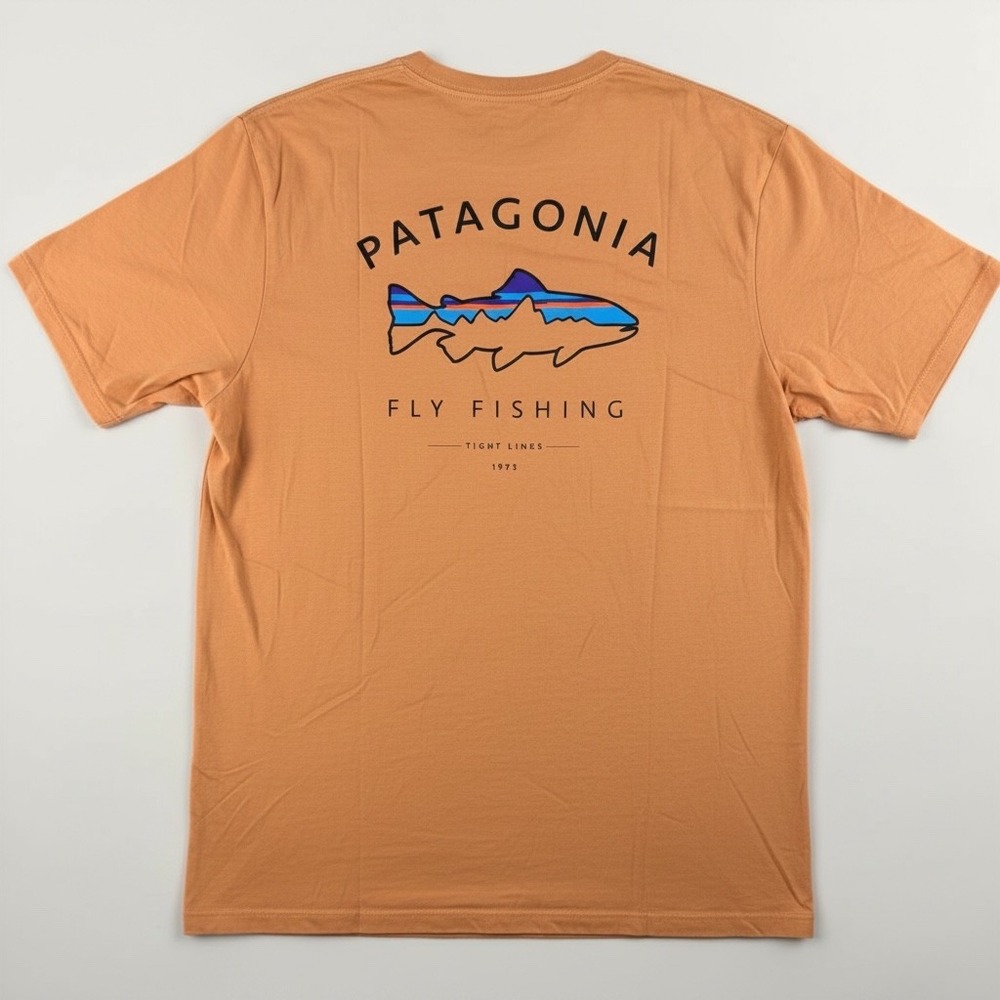 Patagonia Trout Fly Fishing Graphic Tee Orange Peach Mens Medium Short Sleeve
